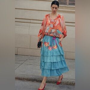 MP style Blue Floral Tiered Maxi Skirt